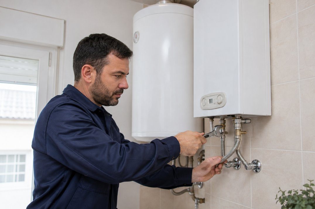 Técnico reparando un calentador de gas en una vivienda de Salou